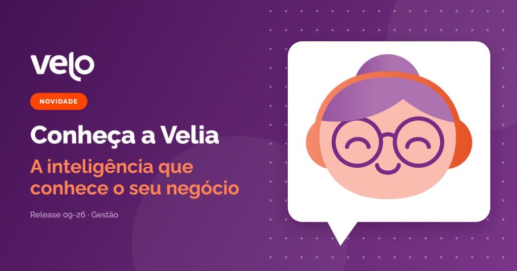 Mascote da Velia, assistente de IA do Velo, dentro de um balão de conversa, ao lado do título Conheça a Velia