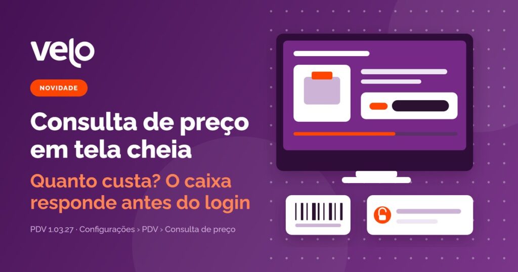 Consulta de preço no PDV: ilustração da tela cheia do caixa mostrando o produto lido no código de barras com o preço em destaque