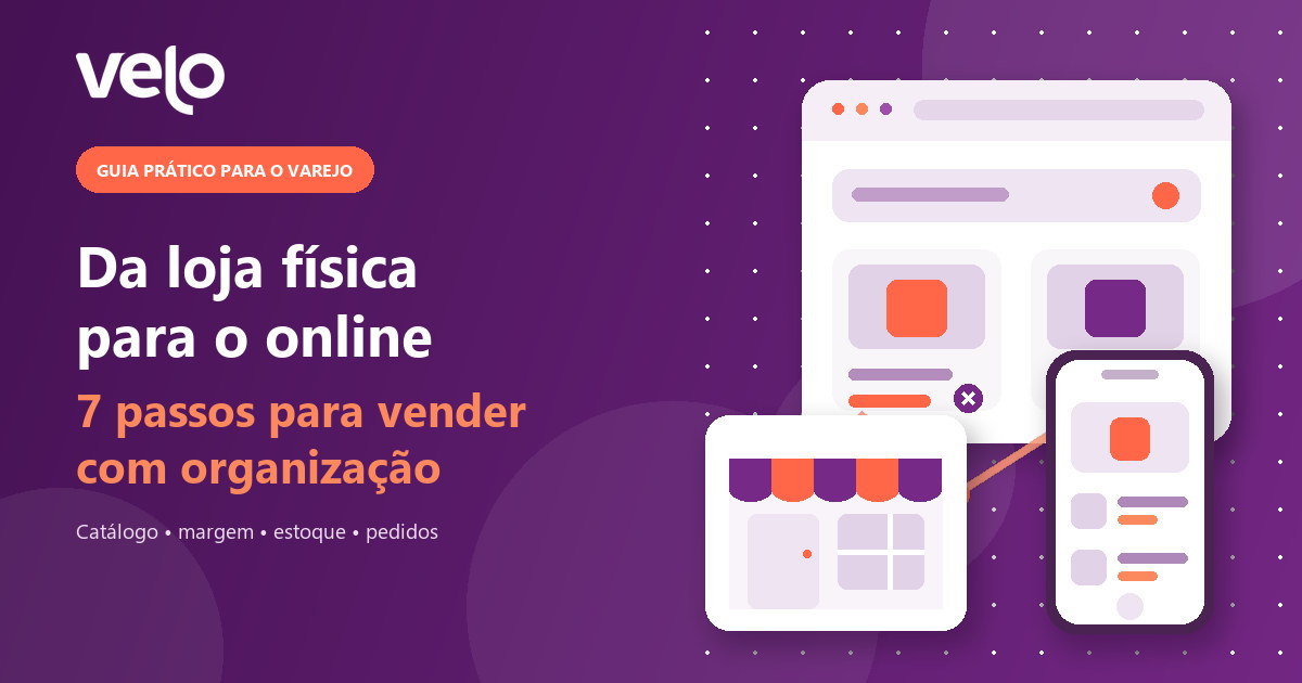 Ilustração de uma loja física conectada a vitrines de venda em computador e celular