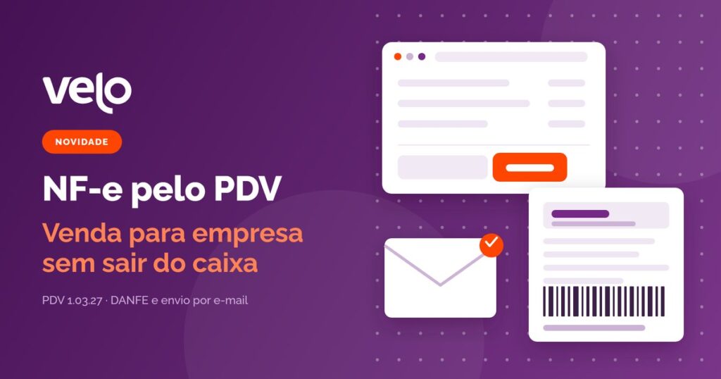 NF-e pelo PDV: ilustração de uma tela de caixa emitindo nota fiscal eletrônica com DANFE e envio por e-mail
