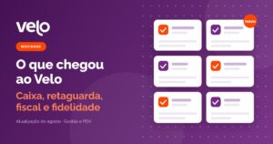 Ilustração de cards com novidades do caixa, do financeiro, do fiscal e da fidelidade, ao lado do título O que chegou ao Velo