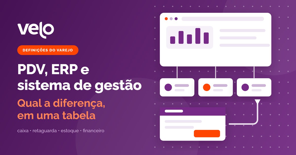 Diferença entre PDV e ERP: ilustração comparando a tela do caixa, o sistema de gestão da retaguarda e o ERP que integra as áreas