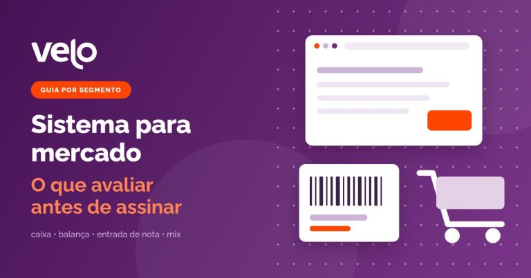Sistema para mercado: ilustração de tela de caixa, etiqueta com código de barras e carrinho de compras