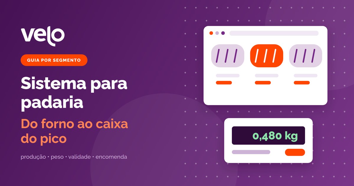 Ilustração de vitrine de pães e visor de balança marcando 0,480 kg