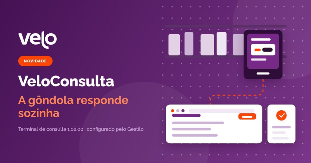 Terminal de consulta de preço VeloConsulta: ilustração do terminal na gôndola do mercado mostrando o preço do produto lido, ligado ao PDV da loja
