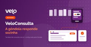 Terminal de consulta de preço VeloConsulta: ilustração do terminal na gôndola do mercado mostrando o preço do produto lido, ligado ao PDV da loja