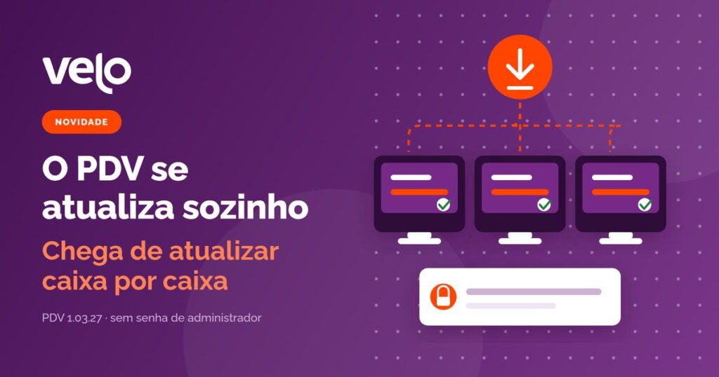 Atualização automática do PDV: ilustração de três caixas da loja recebendo a mesma versão nova ao mesmo tempo, sem ninguém passar máquina por máquina
