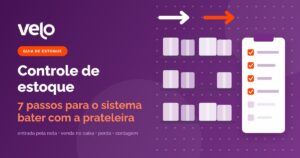 Controle de estoque: ilustração de uma prateleira com caixas, a seta de entrada e de saída de produtos e a prancheta da contagem conferida