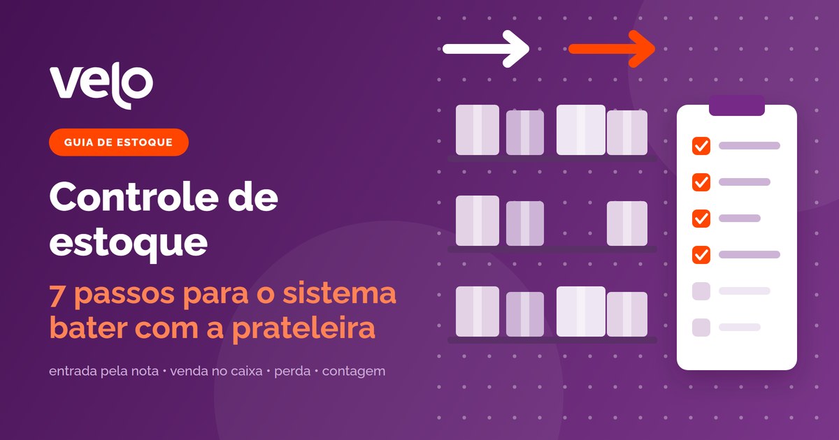 Controle de estoque: ilustração de uma prateleira com caixas, a seta de entrada e de saída de produtos e a prancheta da contagem conferida
