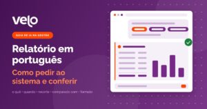 Relatório em português: ilustração da pergunta escrita no chat do sistema, com período e recorte destacados, virando tabela e gráfico