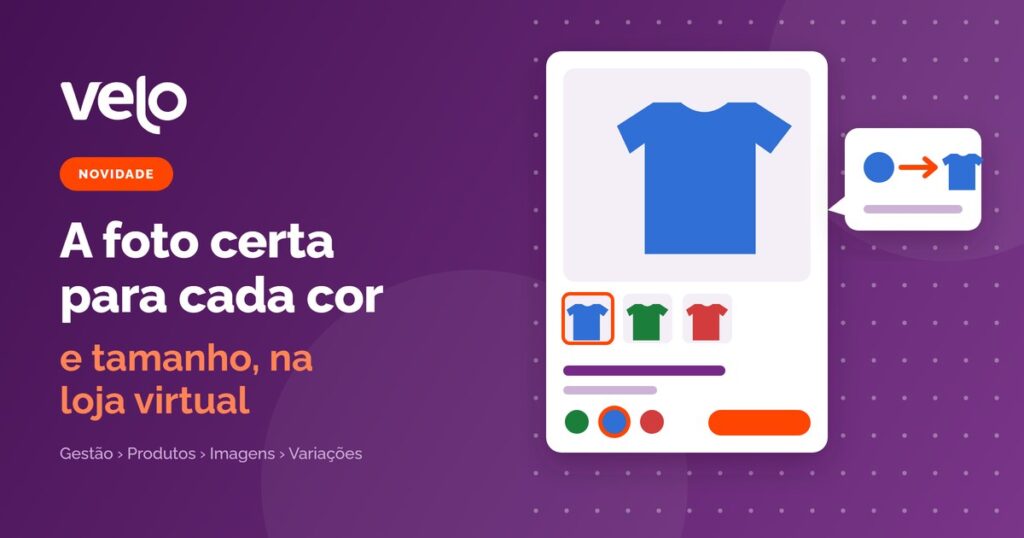 Foto por variação na loja virtual: ilustração de um produto com a cor azul escolhida e a foto em destaque mostrando a camiseta azul