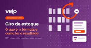 Giro de estoque: ilustração da prateleira da loja com a seta circular do giro e a fórmula custo das mercadorias vendidas dividido pelo estoque médio