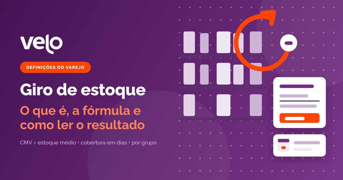 Giro de estoque: ilustração da prateleira da loja com a seta circular do giro e a fórmula custo das mercadorias vendidas dividido pelo estoque médio