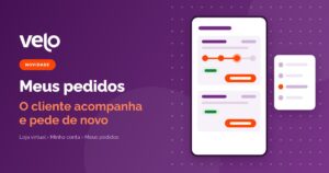 Meus pedidos na loja virtual: ilustração da conta do cliente com a lista de pedidos, a linha do tempo da entrega e o botão Pedir de novo
