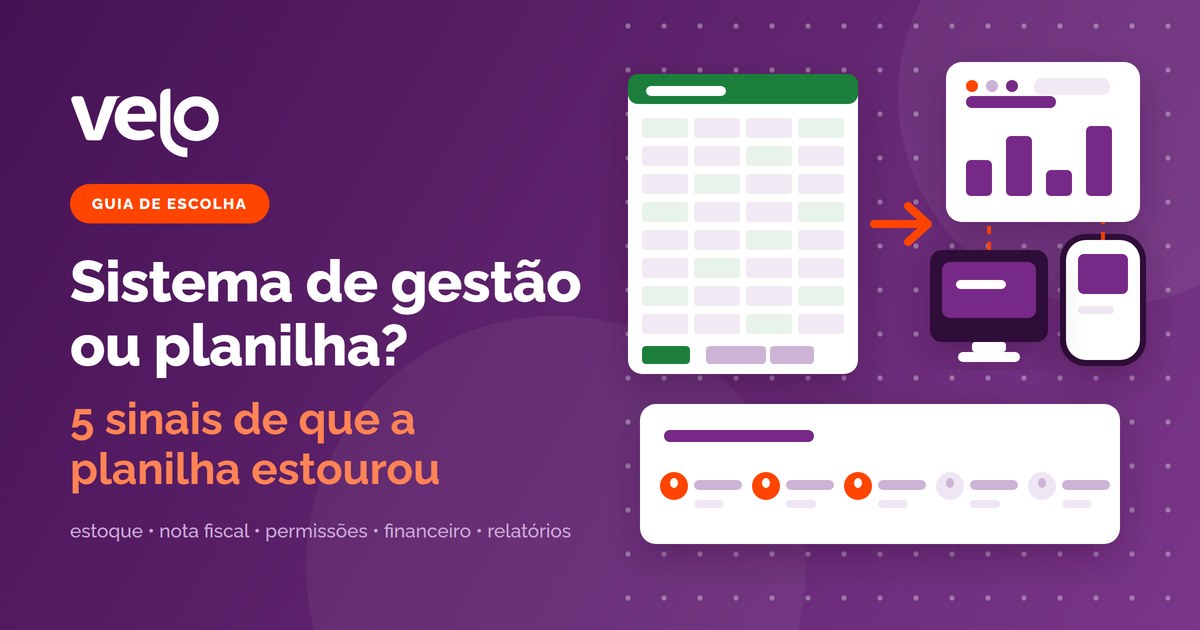 Sistema de gestão ou planilha: ilustração da planilha de uma loja de um lado e das telas do sistema ligadas ao caixa do outro