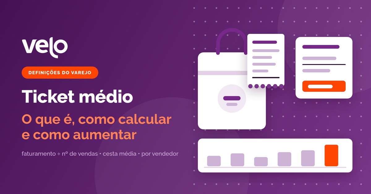 Ticket médio: ilustração do faturamento dividido pelo número de vendas, com a sacola de compras e o cupom com o valor médio de cada venda