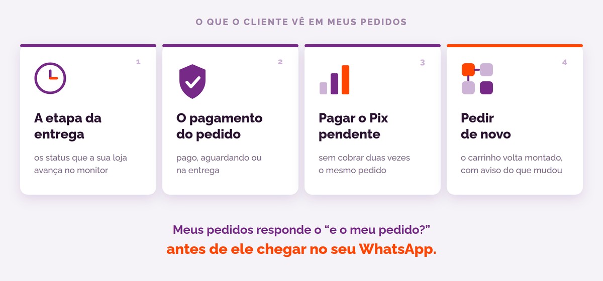 Meus pedidos na loja virtual: a etapa da entrega, o pagamento, o Pix pendente e o botão Pedir de novo